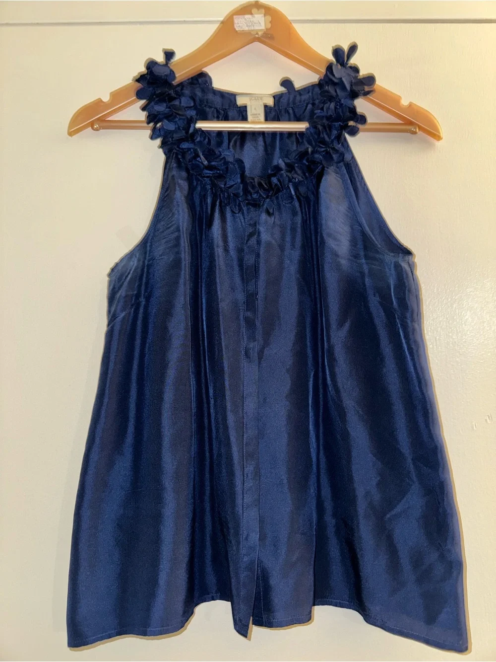 J. Crew navy blue silk blouse with a distinctive rosette ruffle collar Size 6